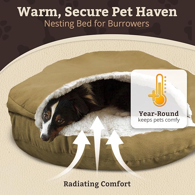 Snoozer Cozy Cave Dog Bed - Indoor Dog Bed with Cover Cave, Covered Calming Burrow for Medium & Large Sized Pets with Blanket Attached, Enclosed, Removable Washable Cover - Small, Khaki