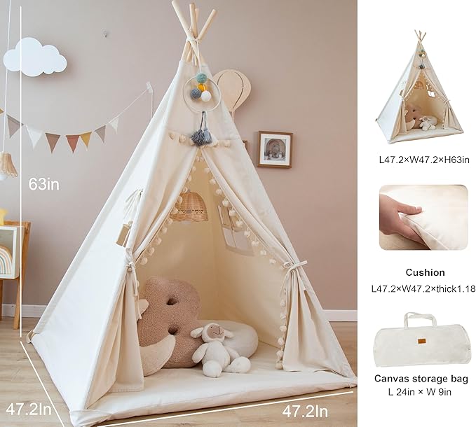 Teepee Tent for Kids with Padded Mat Foldable Tone Play Tents for Girl and Boy Canvas Tepee Playhouse for Child Indoor Outdoor