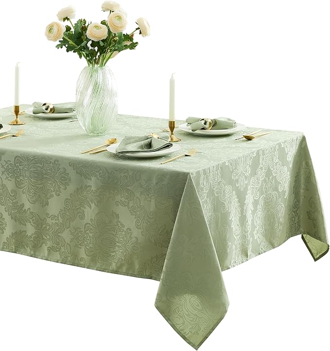 Newbridge Barcelona Damask Fabric Tablecloth, 52 x 70 Inch Rectangle, Sage Green – No Iron, Soil Resistant Table Cover for Dining, Parties and Holidays