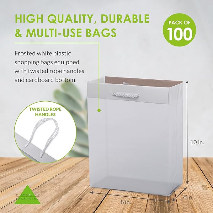 Prime Line Packaging Frosted White Gift Bags, Reusable Shopping Bags with Rope Handles for Retail, Merchandise, Small Business, Boutiques, Bulk, 8x4x10, 100 Pack