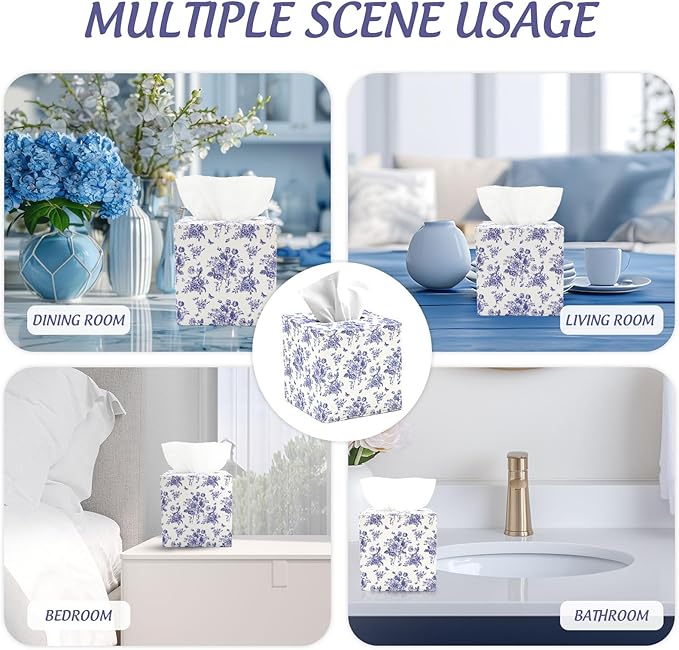 JarThenaAMCS Blue Floral Tissue Box Cover with Magnetic Closure PU Leather Tissue Holder Chinoiserie Flower Butterfly Square Napkin Box for Home Office Bedroom Countertop Decor