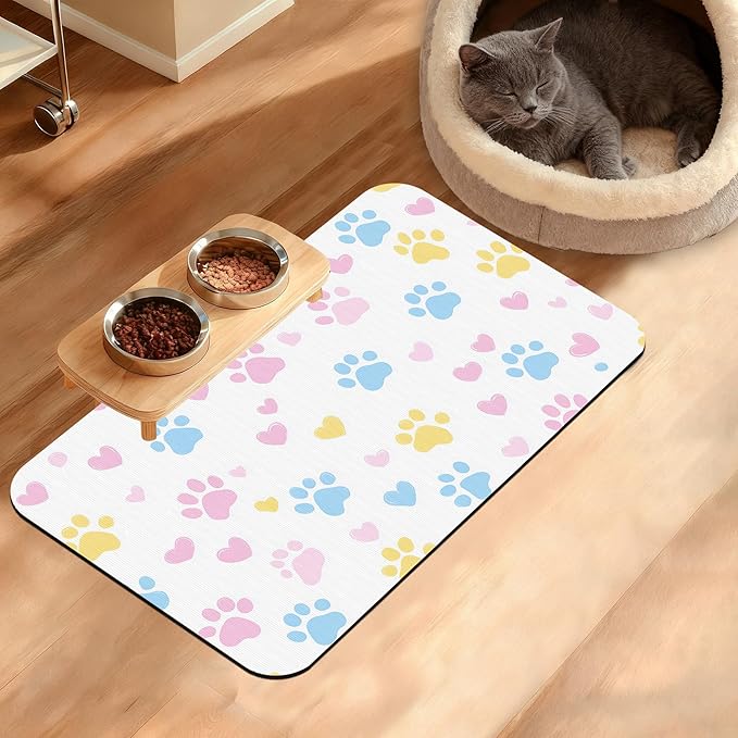 Dog Bowl Mat,Colorful Dog Paws Pet Feeding Mat for Floors Waterproof,Animal Absorbent Dogs Placemat for Food and Water Quick Dry Pet Cat Feeding Mats with Non Slip Bottom 12" x 20"
