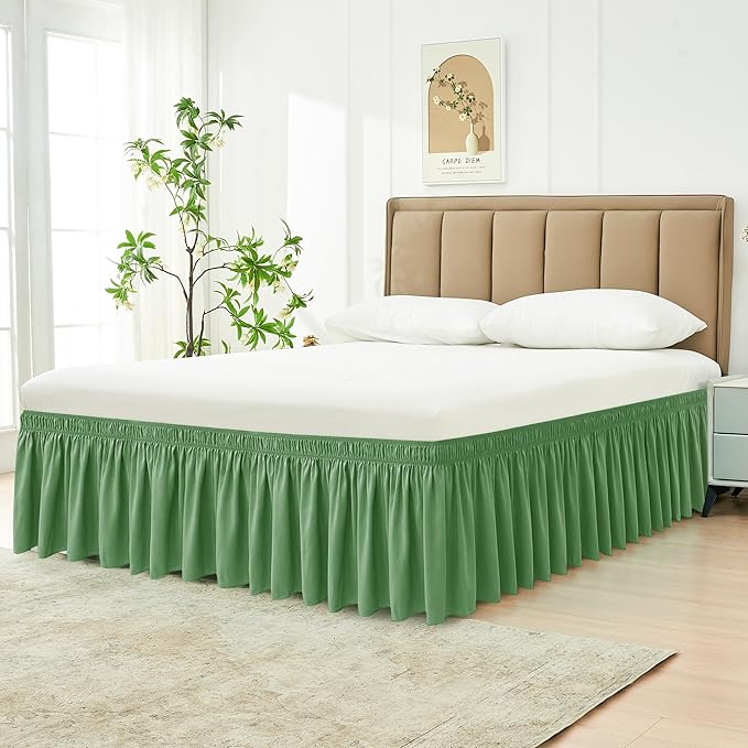 Biscaynebay Wrap Around Bed Skirts for Queen Beds 17" Long Drop, Sage Adjustable Elastic Dust Ruffles Easy Fit Wrinkle Resistant Silky Luxurious Fabric Machine Washable