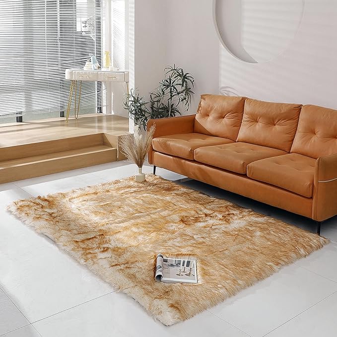 Faux Fur Rug Sheepskin Shag Fluffy Fuzzy 5x7 ft Rugs for Bedroom Bedside Bed Floor Living Room Plush Rectangle High-Density Cushion Carpet Super Sofa Cover White and Yellow