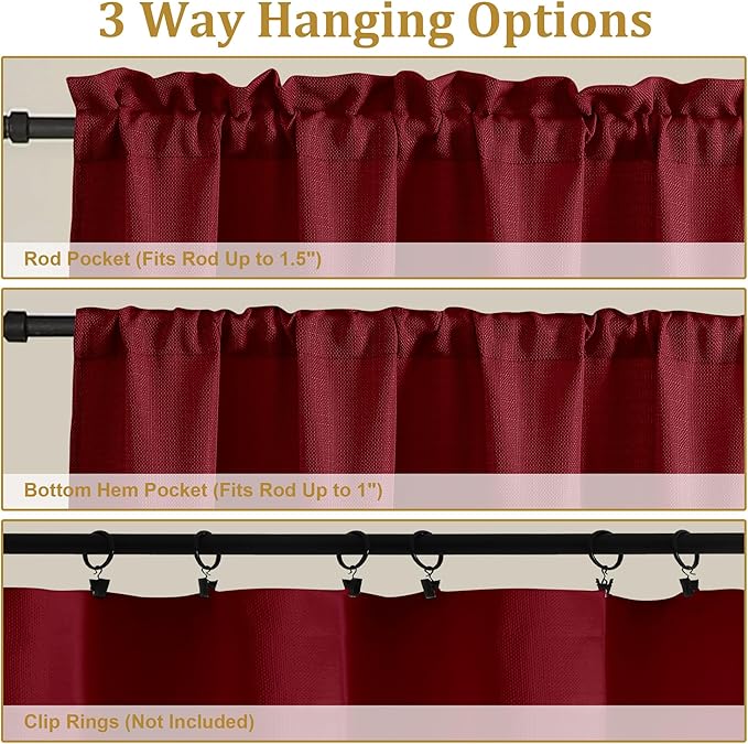 Lecloud Bessie Red Kitchen Curtains 30 Inch Length 2 Pcs, Christmas Faux Linen Textured Short Curtain, Light Filtering Breathable Tiers with Rod Pocket for Cafe Bedroom Bathroom, Each 30" W x 30" L