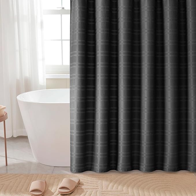 TURKIO Black Shower Curtain Waffle Weave Shower Curtain Striped Fabric Shower Curtains for Bathroom, Black Bathroom Decor