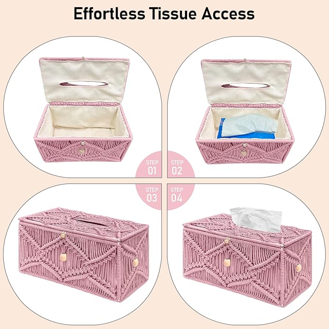 KaloKalo Handmade Tissue Box Cover Rectangle Decorative Macrame Boho Tissue Holder Cotton Rope Woven Napkin Facial Paper Organizer Bohemian Desk Storage Container with Buckle Wood Beads (Pink)