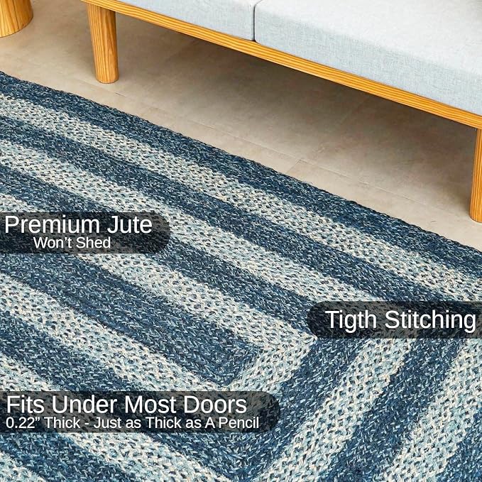 Traditional Jute Braided Rug, Rustic Country Décor for Kitchen, Living Room, Dining Room, Bedroom, Denim Blue, 3'X5'