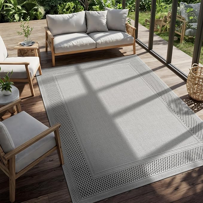 CAMILSON Easy Jute Rug 9x12, Indoor Outdoor Off-White Color Fiber Area Rugs for Living Room Patio and Dining Room Rug, Bordered Boho Woven Design, Easy-Cleaning, Washable Outside Carpet (9 x 12)