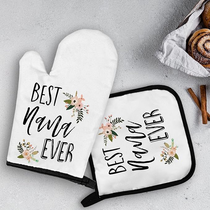 OHSUL Nana Gifts Oven Mitts and Pot Holders Sets, Gifts for Nana Kitchen Decor Accessories, Best Nana Ever Gifts Heat Resistant Oven Gloves Hot Pads for Kitchen Cooking Baking Grilling