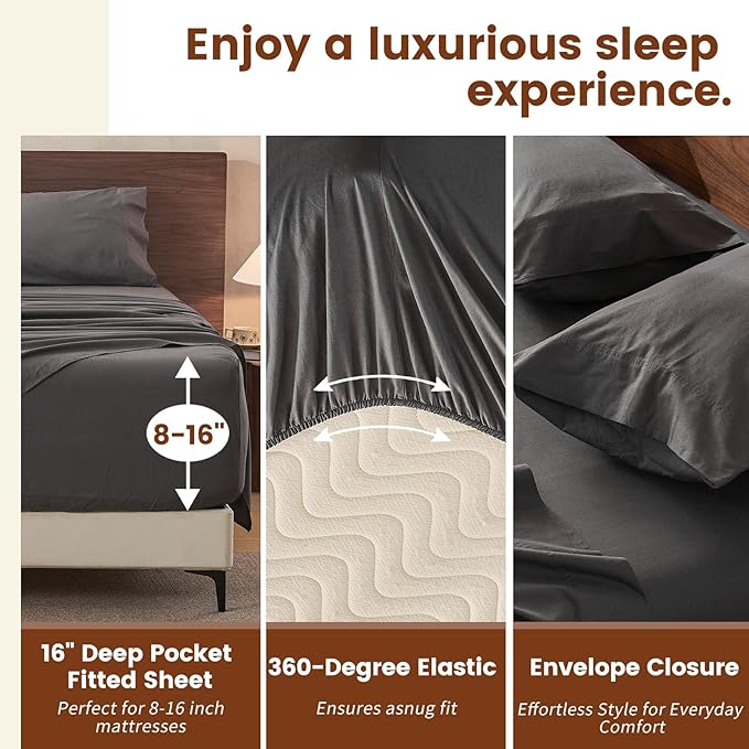 100% Linen Sheets California King Size,Breathable & Durable 4-Piece Bed Flax Sheet Set,Soft All-Season Bedding for Hot Sleepers 16" Deep Pocket Oeko-TEX Certified,（Cal King, Dark Grey）