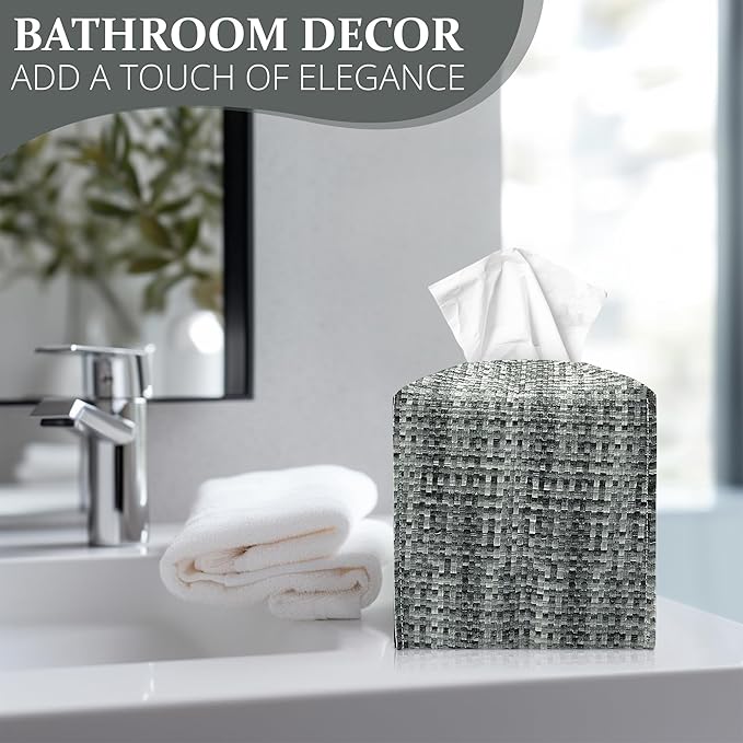 Tissue Box Cover, PU Leather Tissue Box Holder with Bottom Belt, Modern Square Tissue Box Covers with Wide Opening (Black Gray, Woven Patterns)