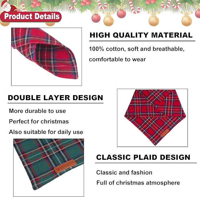 ADOGGYGO Christmas Dog Bandana 2 Pack, Stylish Plaid Pet Scarf, Premium Cotton Fabric, Multiple Sizes Offered, Christmas Bandanas for Small Dogs Pets (Small)