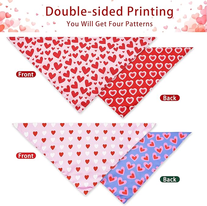 Valentine's Day Dog Bandana Reversible 2 Pack Small, Valentine Day Pet Bandanas for Dogs Pink Heart Adjustable Triangle Holiday Scarves for Small Medium Boy Girl Dogs