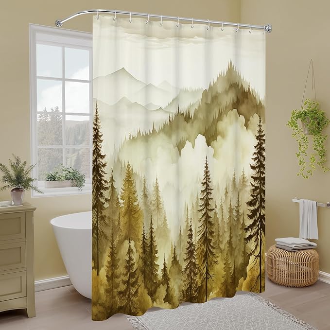 Litabel Yellow Extra Long Misty Pine Forest Shower Curtain 72 x 84, XL Mountain Foggy Woodland Scenery Tree Shower Curtains for Bathroom, Abstract Waterproof Nature-Themed Decor