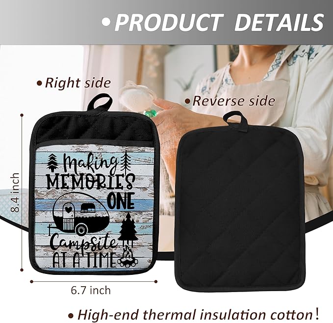 Camping Camper RV Gifts Pot Holders with Pockets, Making Memories One Campsite at a Time Pot Holders Heat Resistant Oven Mitts Hot Pads for Campsite RV Kitchen Baking Cooking