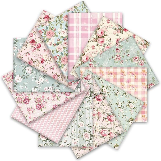 JarThenaAMCS 12Pcs Vintage Spring Cotton Fabric Bundles 18 x 22 Inch Pink Mint Green Roses Plaid Fat Quarters Floral Sewing Fabrics for DIY Craft Party Decor