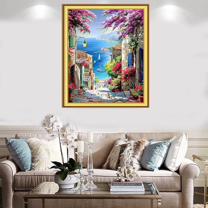 Foxnyart Stamped Cross Stitch Kits Full Range of Embroidery Needlework Starter Kits for Beginners Adults 11CT Embroidery Patterns Art Crafts DIY Needlepoint Kit-Seaside Floral Scenery 16x20 inchs