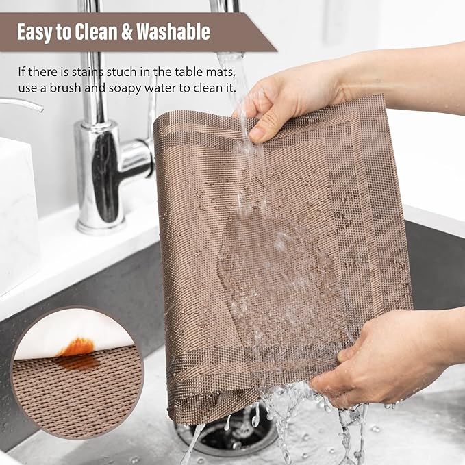 Winknowl Placemats Set of 6，Heat Resistant Woven Vinyl Washable PVC Place Mats，Non-Slip Stain Resistant Indoor/Outdoor Table Mats for Dining Table (Brown)