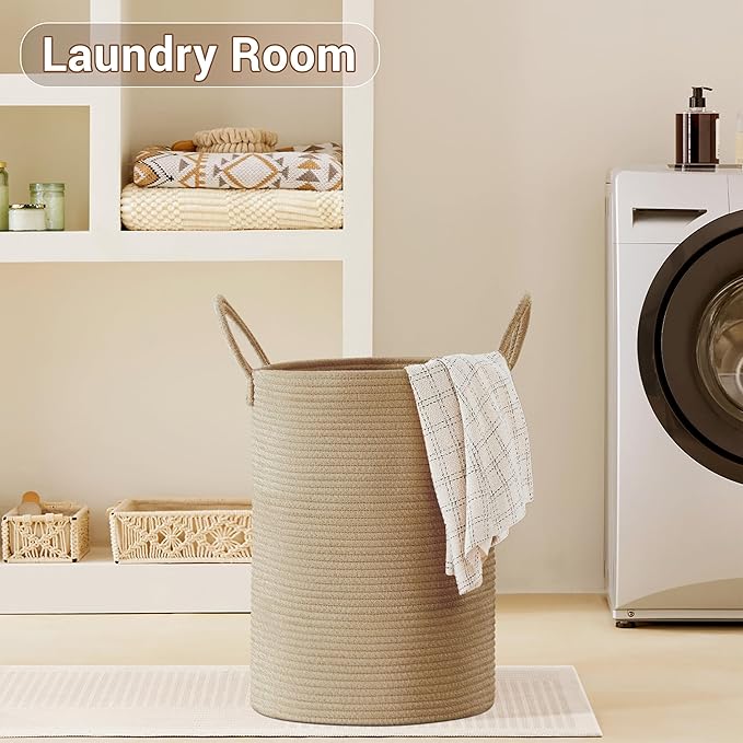 SunNewt Tall Laundry Basket with Handles, 72L Portable Dirty Clothes Hamper, Boho Cotton Rope Storage Bin for Blankets Kids Toys Gifts, Large Organizer for Baby Nursery Bedroom Bathroom, Jute