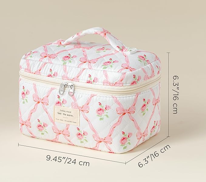 HBselect Christmas Gifts Large Quilted Makeup Bag, Cute Cotton Travel Makeup Bag with Handle, Portable Coquette Floral Make up Bags, Toiletry Organizer Make up Bags for Women Teen Girls Mom