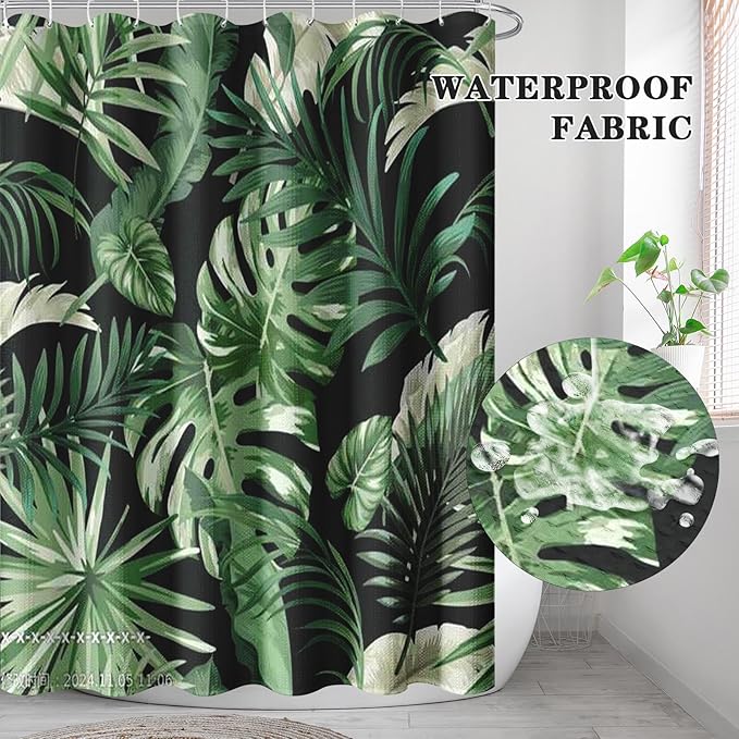 Culudea Green Tropical Plant Jungle Leaf Waffle Textured Cloth Shower Curtain Set, Palm Tree Leaves Black Bathroom Window Waterproof Shower Curtains for Bathroom Decor