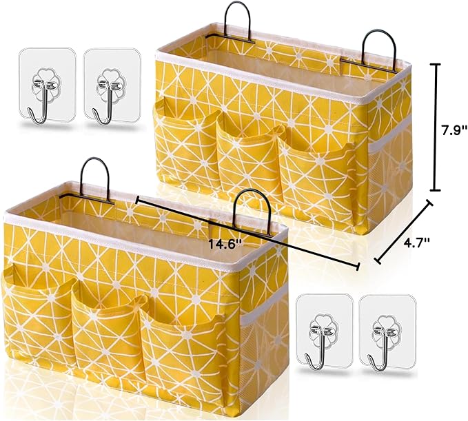 Kanrichu 2pcs 3-pockets Large Wall Hanging Organizer Bag, Linen Fabric Door Hanging Storage Baskets with Pockets, Waterproof Bin for Kitchen, Bedroom, Office, RV Camper (Yellow_2pcs)