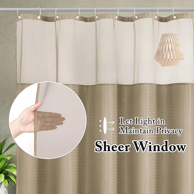 Gibelle Waffle Weave Shower Curtain with Mesh Top Window and Hooks Set, Spa Like Hotel Style Fabric Shower Curtain for Bathroom, Beige, 72x72