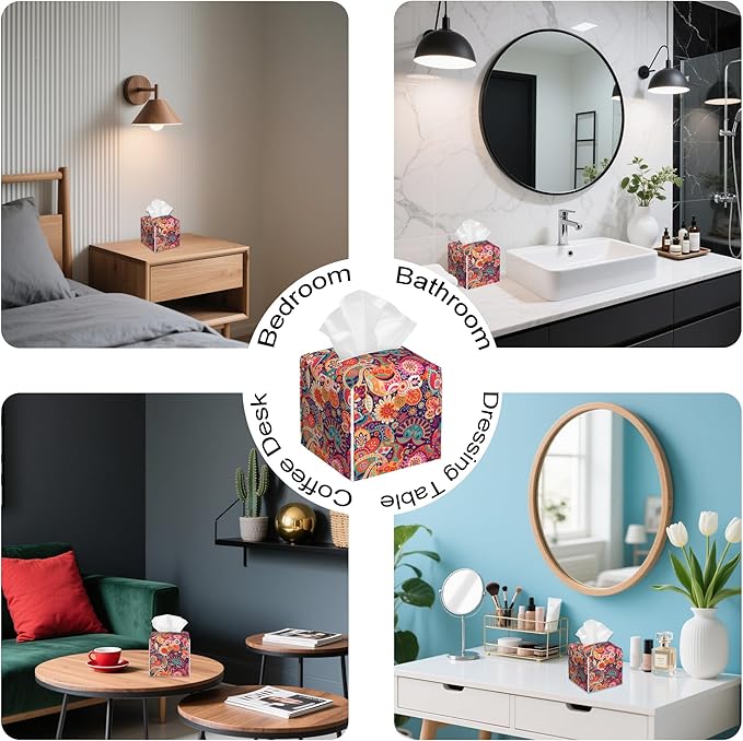 Paisley Floral Tissue Box Cover,PU Leather Tissue Box Holder Square,Modern Home Decoration for Bathroom Living Room Kitchen Office Car,5.2"×5.2"×5.2"