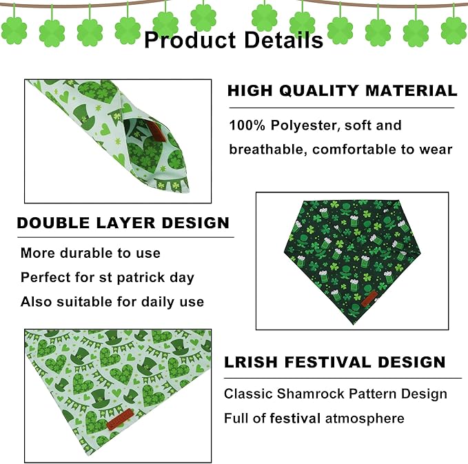 ADOGGYGO St Patricks Day Dog Bandana, Green Shamrock Pet Scarf, Premium Fabric, St Patrick Bandanas for Extra Large Dogs (X-Large)