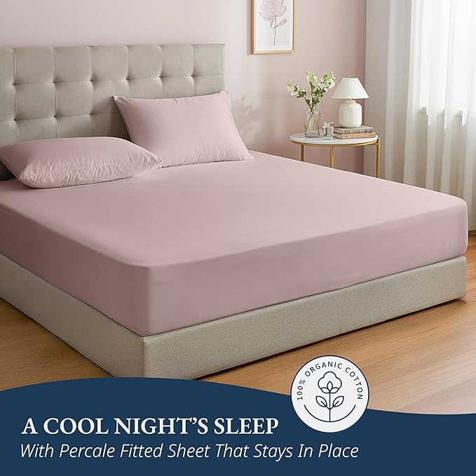 LANE LINEN 100% Organic Cotton Fitted Sheet Queen, Fully Elasticized French Reinforsed Seams Soft & Comfy Snug Fit Eco Friendly Queen Size Fitted Sheet only (Pillowcases Included)- Sepia Rose