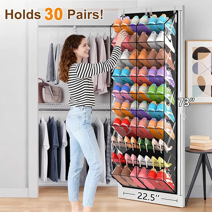 30 Pairs Over the Door Shoe Organizer, Transparent PVC Hanging Shoe Rack for Closet, 10-Tier Door Shoes Storage, Crystal-Clear Visibility Fit All the Family's Sneakers, Boots, Heels, Black Frame