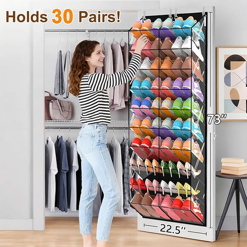 30 Pairs Over the Door Shoe Organizer, Transparent PVC Hanging Shoe Rack for Closet, 10-Tier Door Shoes Storage, Crystal-Clear Visibility Fit All the Family's Sneakers, Boots, Heels, Black Frame