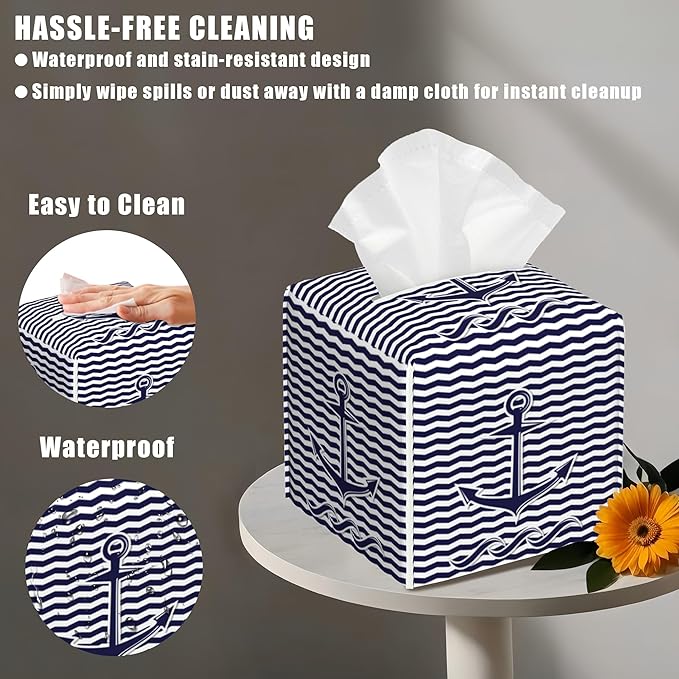 BLYKVGHQ Square Tissue Box Cover Nautical Anchor on Blue and White Stripes Tissue Box Holder Facial Cube Paper Dispenser Leather Decorative Organizer Home Office Desk Decor, 5.2"x5.2"x5.2"