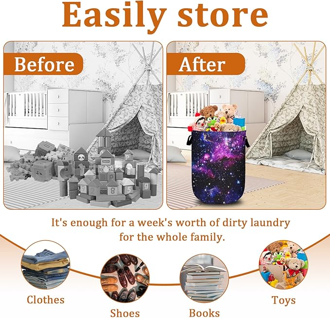 Purple Starry Sky Laundry Basket with Sturdy Handles, Galaxy Collapsible Oxford Cloth Laundry Hamper Organizer Basket for Bathroom Bedroom 15.7x20 Inch