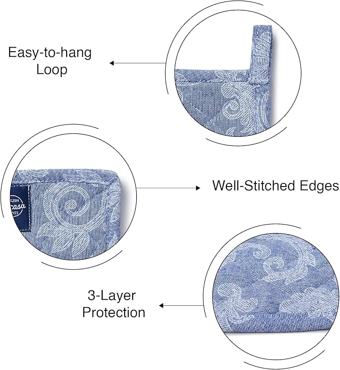 Pot Holders for Kitchen | Heat Resistant Pads | Set of 2 | Hot Dish Holder Sets | 8x8 in |for Cooking, Baking, Grilling, Microwave & BBQ, Chambray Blue by Encasa XO