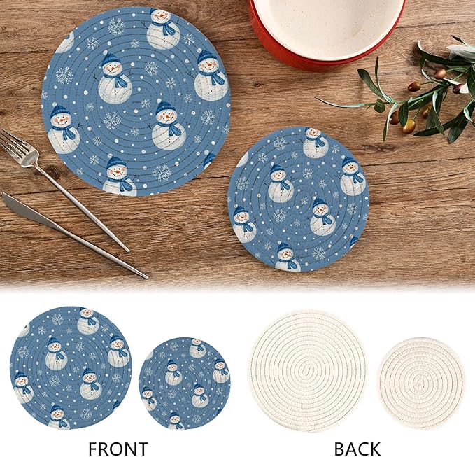 Boccsty Christmas Blue Snowman Trivet Mat 2PCS Winter Snowflakes Round Woven Potholders Kitchen Table Countertop Protector Hot Pads Farmho