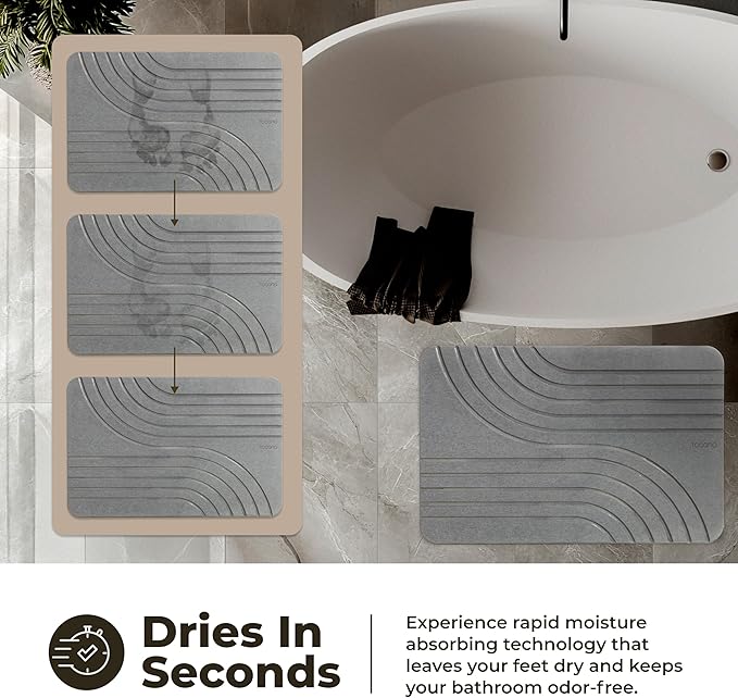 TOSORO - Stone Bath Mat, Diatomaceous Earth Non-Slip Stone Shower Mat - Quick Drying Absorbent Bath Mats for Bathroom - Elegant & Modern Design, Easy to Clean (23.5 x 15) - Graphite, 2pcs