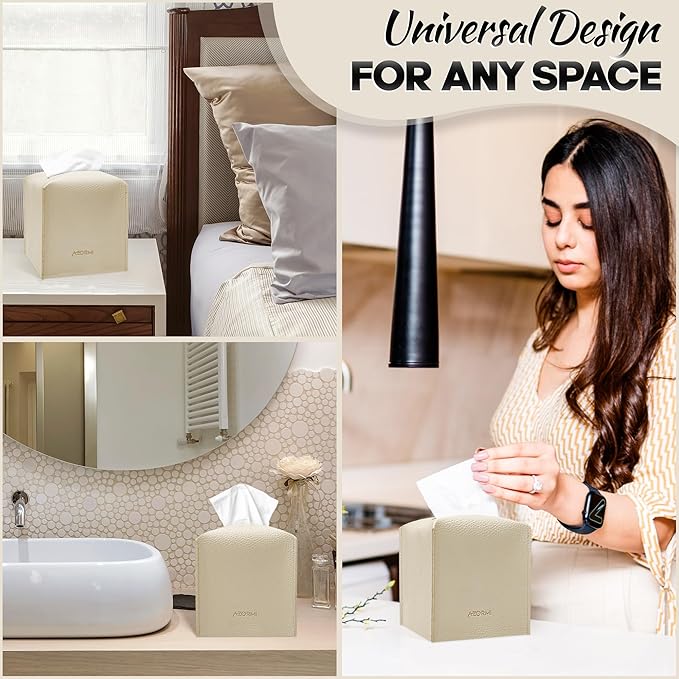 Tissue Box Cover Holder, PU Leather Tissue Box Cover Square with Bottom Belt, Cube Tissue Holder for Bathroom, Modern Organizer for Car, Office, Tabletop (Beige, 14 Leather Patterns)