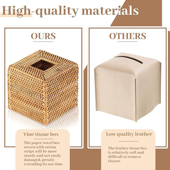 Kigley 2 Pcs Square Rattan Tissue Box Cover Boho Wicker Tissue Cube Box Cover 5.5'' x 5.5'' x 5.5'' Decorative Natural Wicker Hand Woven Napkin Box Holder Bathroom Office Car Accessories (Wood)