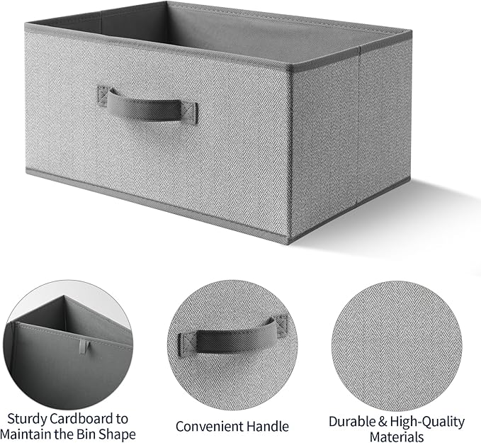 EITMOW Storage Baskets, 15.7 Inch Woven Fabric Bins, Storage Cubes with Reinforced Handles, Organizer Bins for Closet Shelves, Foldable, for Toys, Clothes, Natural Beige (4PCS/Grey-15.7*11*7.8inch)