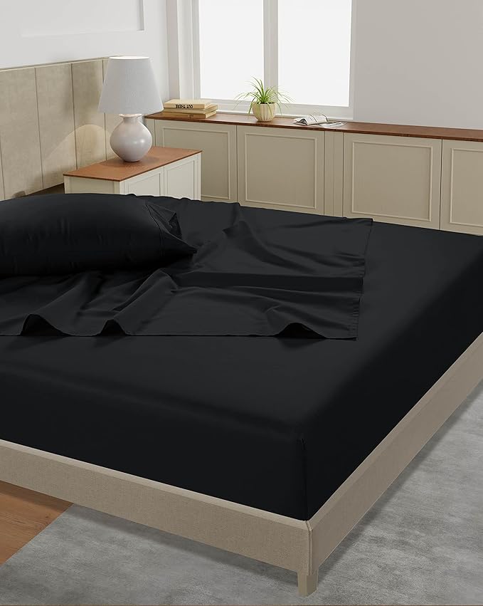 LANE LINEN Sheets for Split King Adjustable Bed – 450 Thread Count 100% Cotton, Soft & Cooling Sateen Weave, 15” Deep Pocket Fully Elasticized Fitted Sheet, Machine Washable, Black