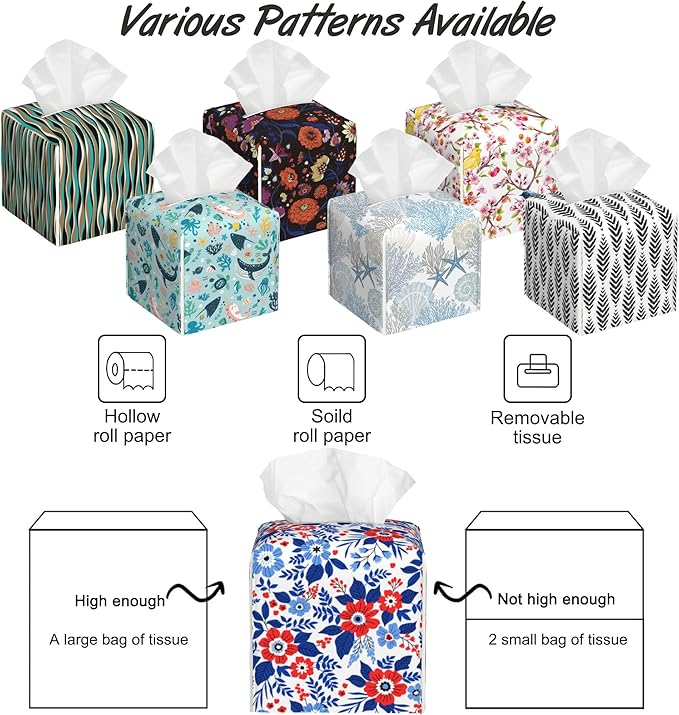 Red and Blue Flowers Tissue Box Cover Square,Tissue Box Holder with Belt Bottom,Stylish Leather Napkin Holder for Vanity Countertop,Nightstands,Office Desk,5.2"×5.2"×5.2"
