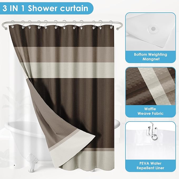 Nesphy Shower Curtain and Liner, Brown Striped 3 in 1 Shower Curtain and PEVA Liner Set with 12 Rust-Resistant Metal Hooks, Waterproof Fabric Shower Curtains for Bathroom, 72 W x 72 H