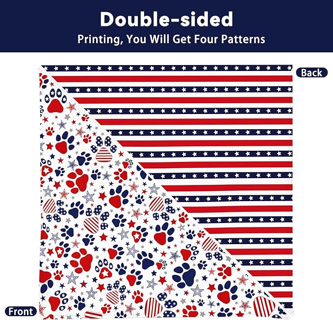 4th of July Dog Bandana Reversible 2 Pack Small, Red White and Blue Dog Paw Star Patriotic Dogs Bandanas Set Adjustable Triangle Holiday Scarves for Memorial Day Small Medium Boy Girl Dogs