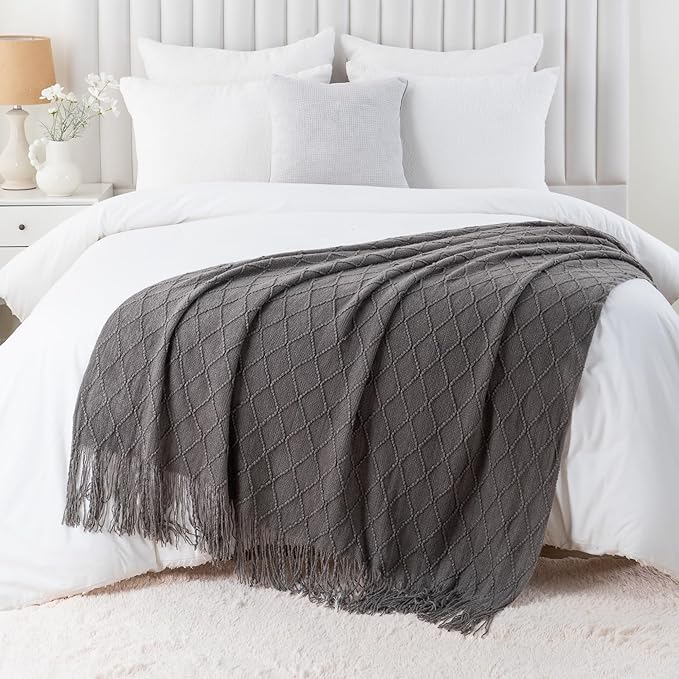 BATTILO HOME Dark Grey Throw Blanket for Couch, Solid Boho Throw Blanket for Home Decor, Bed Throws for Foot of Bed, 50"x60"