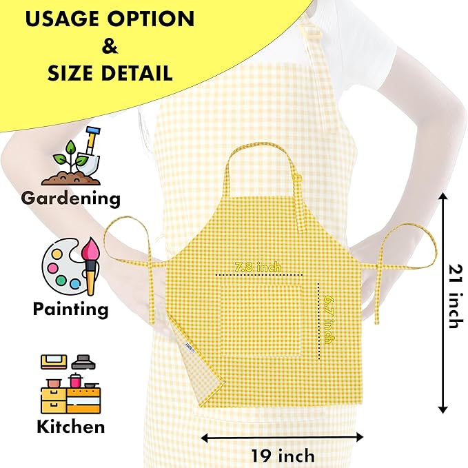 Kids Aprons for Cooking Waterdrop Resistant Aprons for Girl & Boy Toddler Apron for Painting, Gardening, Baking, Smock (Plaid Yellow, Medium (6-10 years)