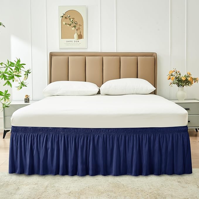 Biscaynebay Wrap Around Bed Skirts for Full & Full XL Beds 15" Drop, Navy Adjustable Elastic Dust Ruffles Easy Fit Wrinkle & Fade Resistant Silky Luxurious Fabric Machine Washable
