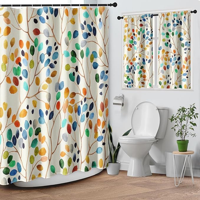 Culudea Colorful Leaves Ivory Shower Curtain Set, Floral Modern Boho Bathroom Window Waterproof Shower Curtain Set for Bathroom Decor