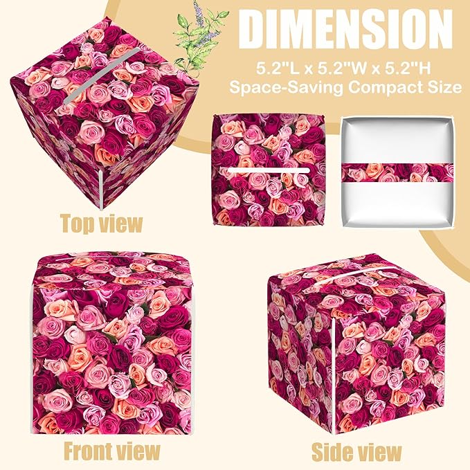 BLYKVGHQ Square Tissue Box Cover Pink and Orange Roses Tissue Box Holder Facial Cube Paper Dispenser Leather Decorative Organizer Home Office Desk Decor, 5.2"x5.2"x5.2"